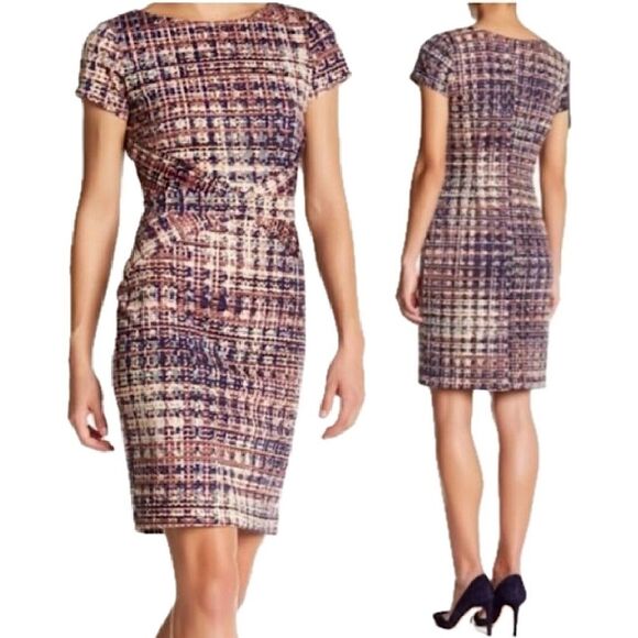Ellen Tracy Tweed Print Short Sleeve Ponte Knit Sheath Dress Size 8 - Picture 1 of 9